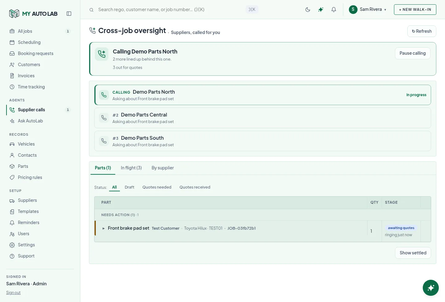 Workshop console: Supplier calls: the live call queue across every job.