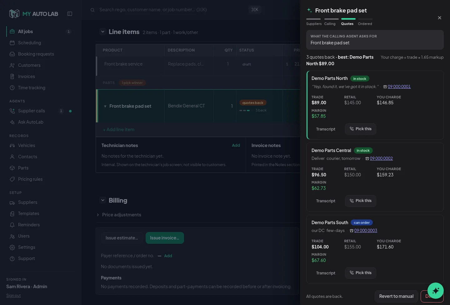 Workshop console: Quotes side by side, with trade price, your charge and margin.