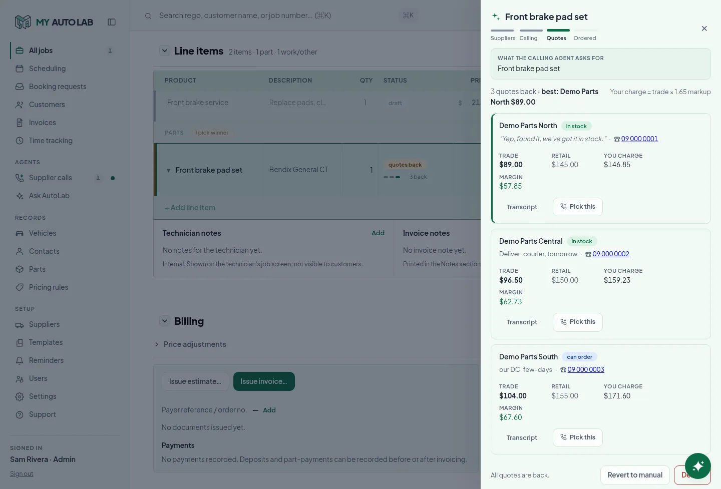 Workshop console: Quotes side by side, with trade price, your charge and margin.