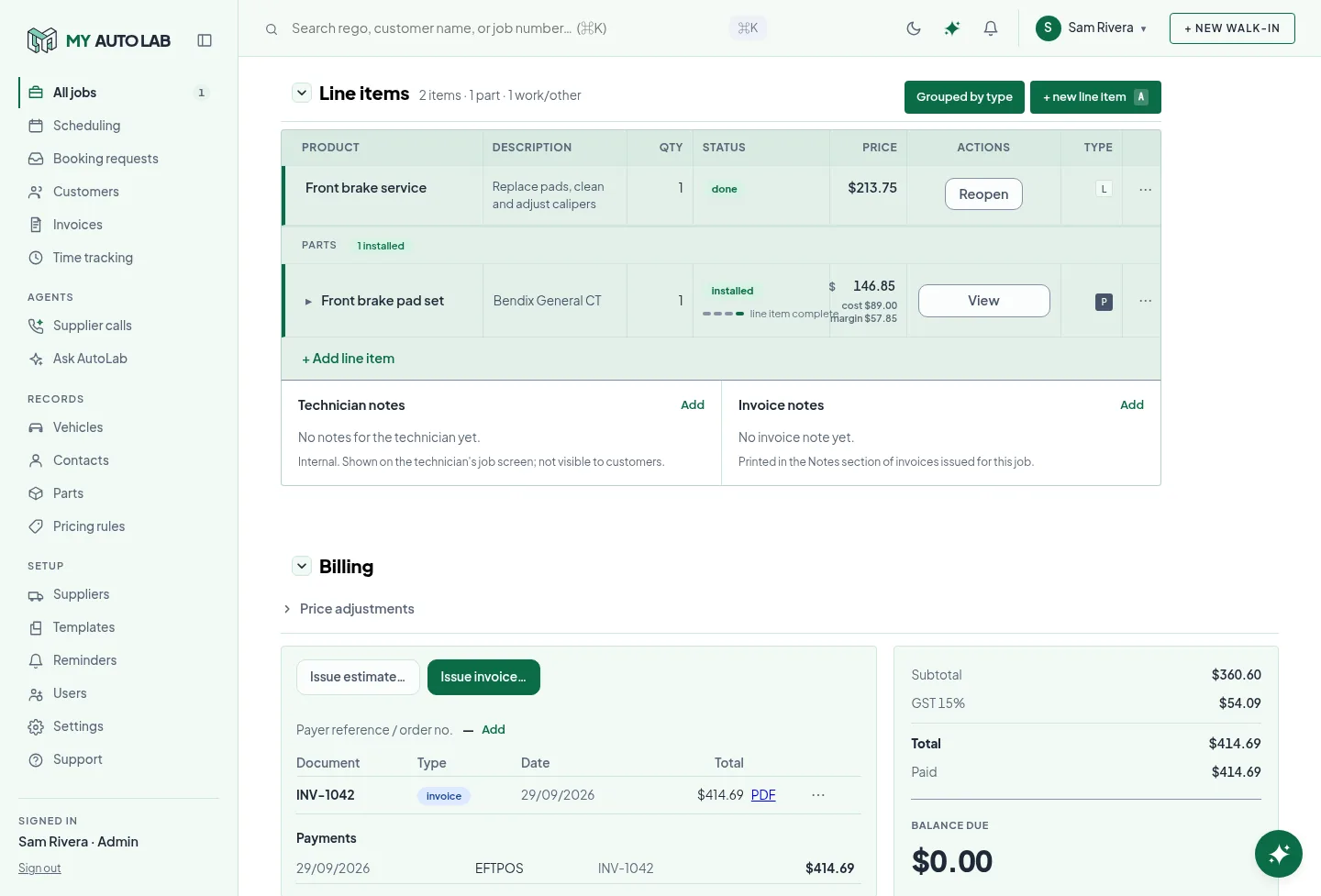 Workshop console: Line items, cost, margin and billing on one job page.